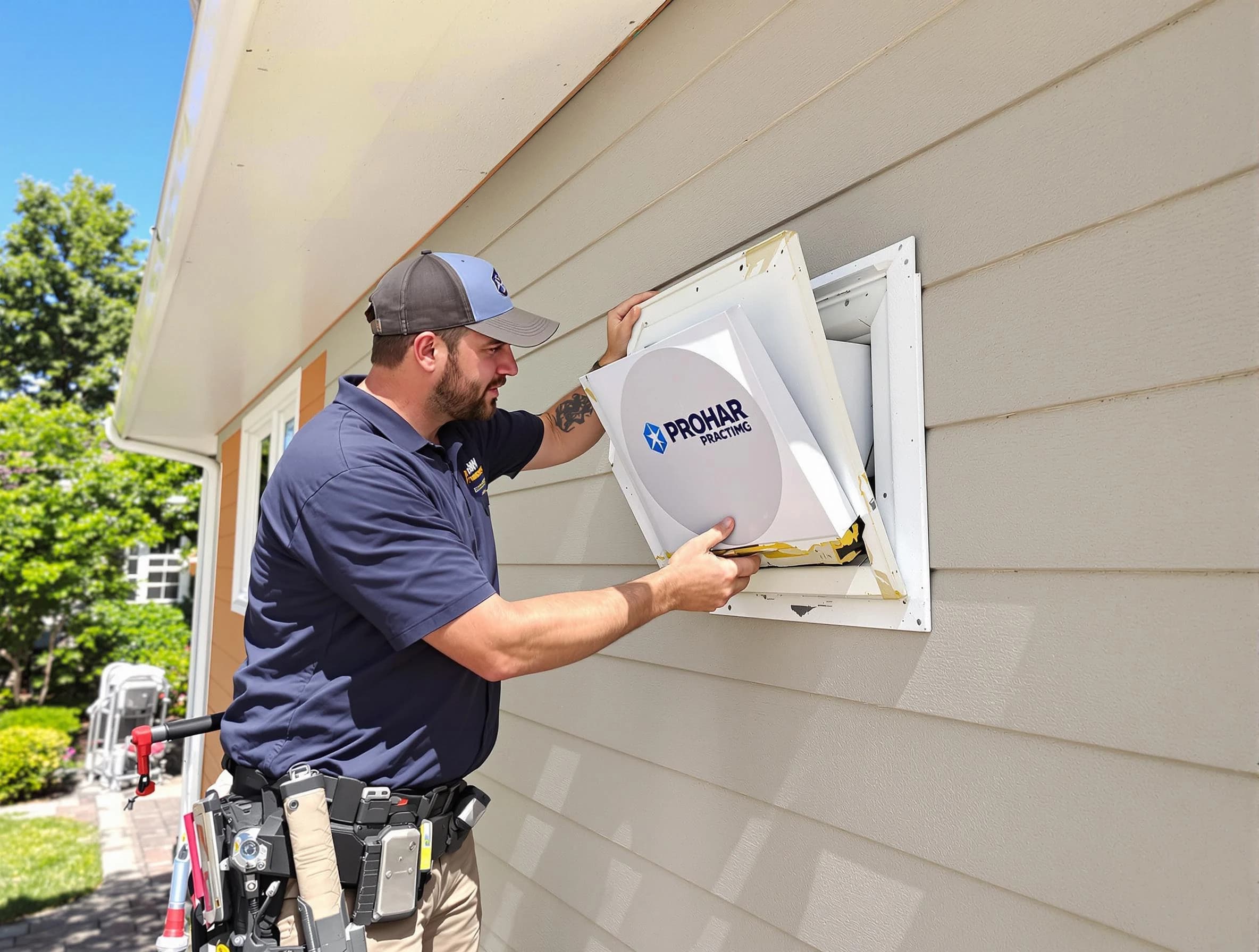 Medford Dryer Vent Cleaning technician installing a new protective dryer vent cover on a home in Medford