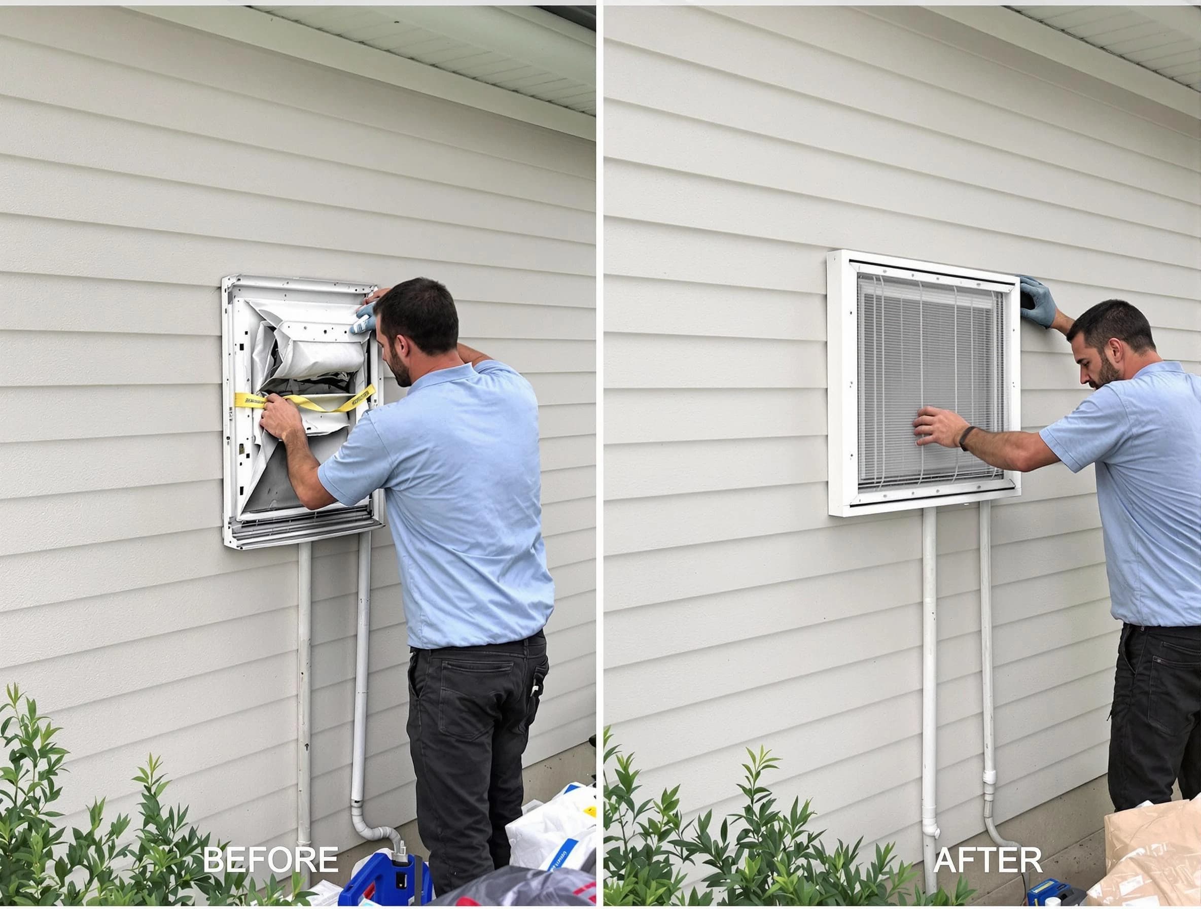 Medford Dryer Vent Cleaning technician installing high-quality dryer vent cover at a residential property in Medford