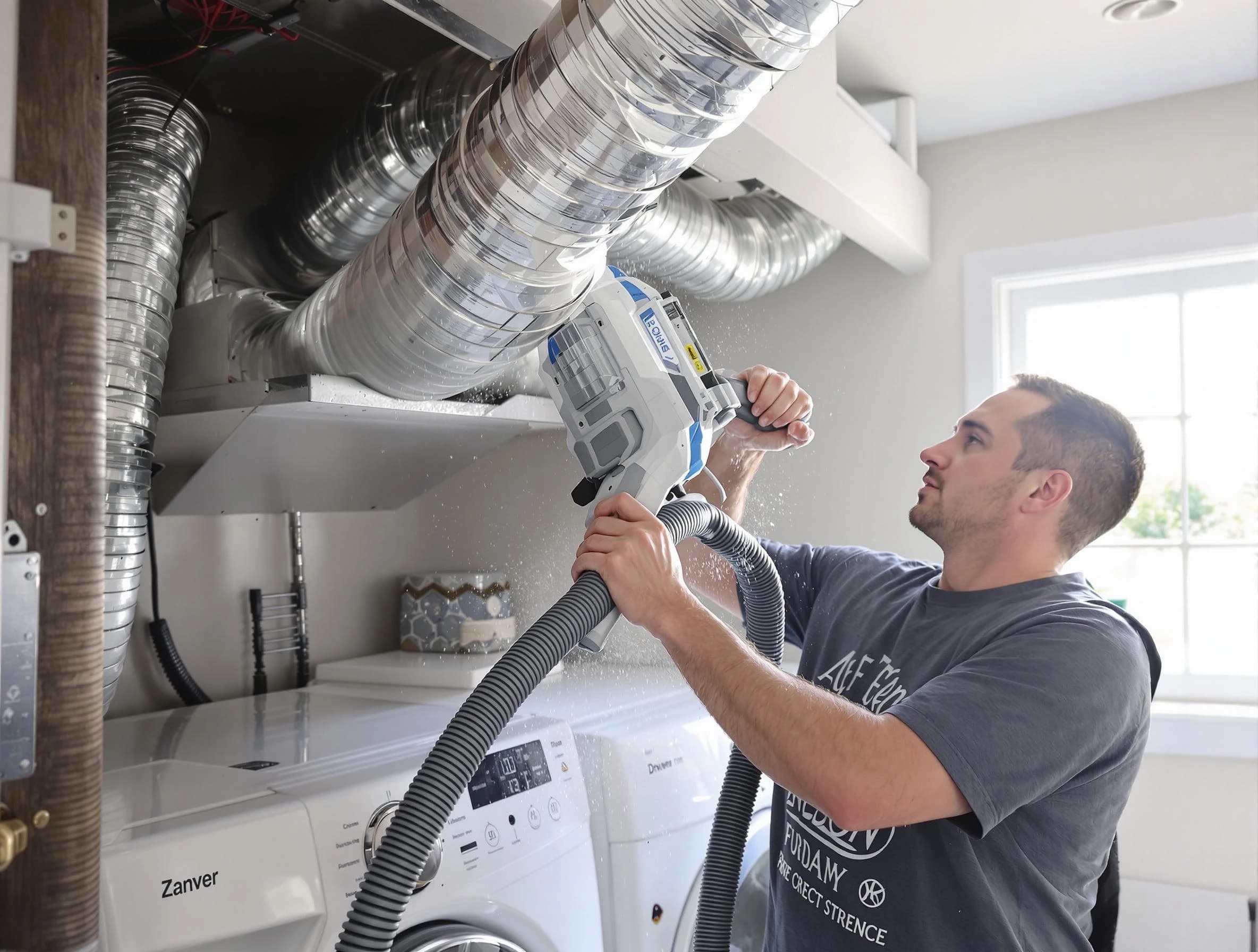 Medford Dryer Vent Cleaning specialist cleaning deep within a dryer vent duct system in Medford