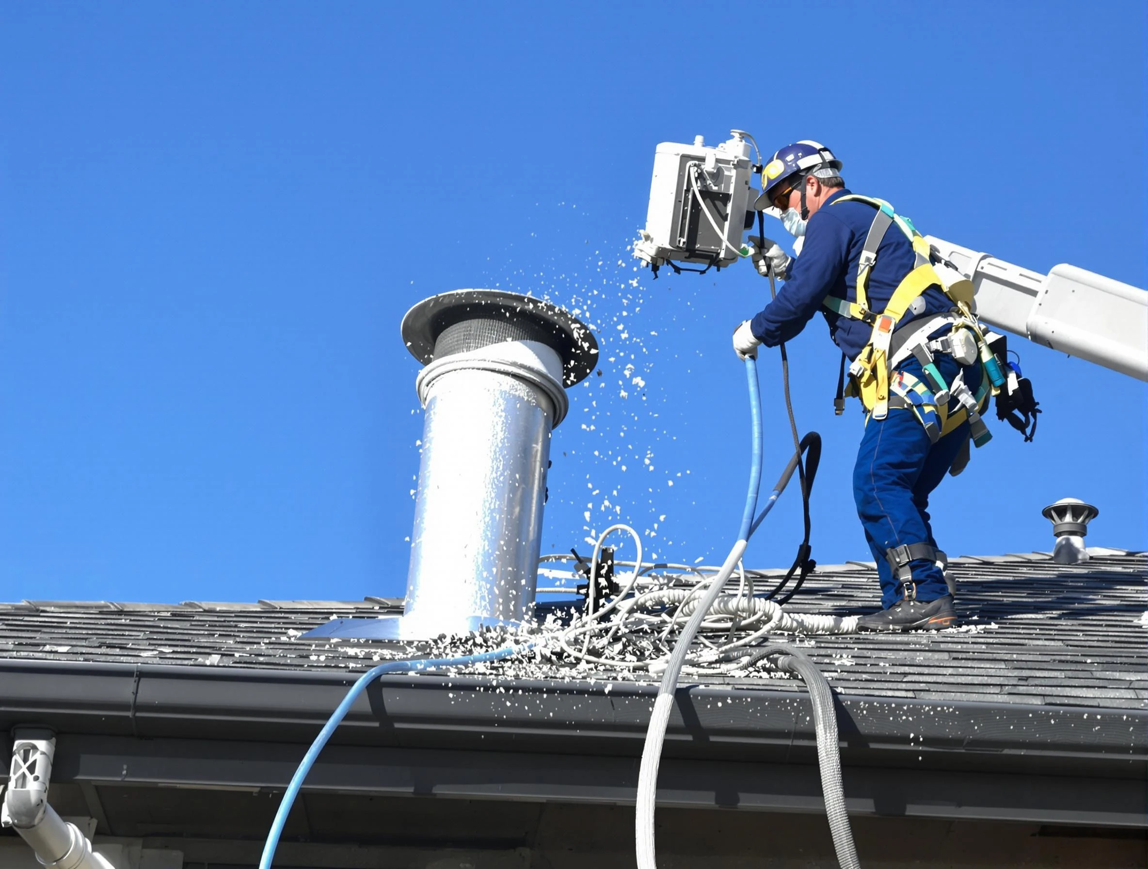 Medford Dryer Vent Cleaning certified technician safely cleaning a roof-mounted dryer vent in Medford